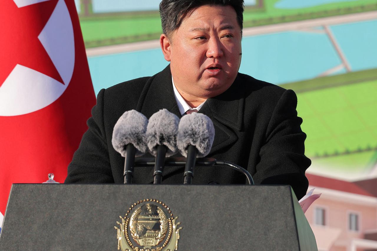 North Korean leader Kim Jong Un attends a completion ceremony for construction work, in a flood-hit area of North Pyongan Province
