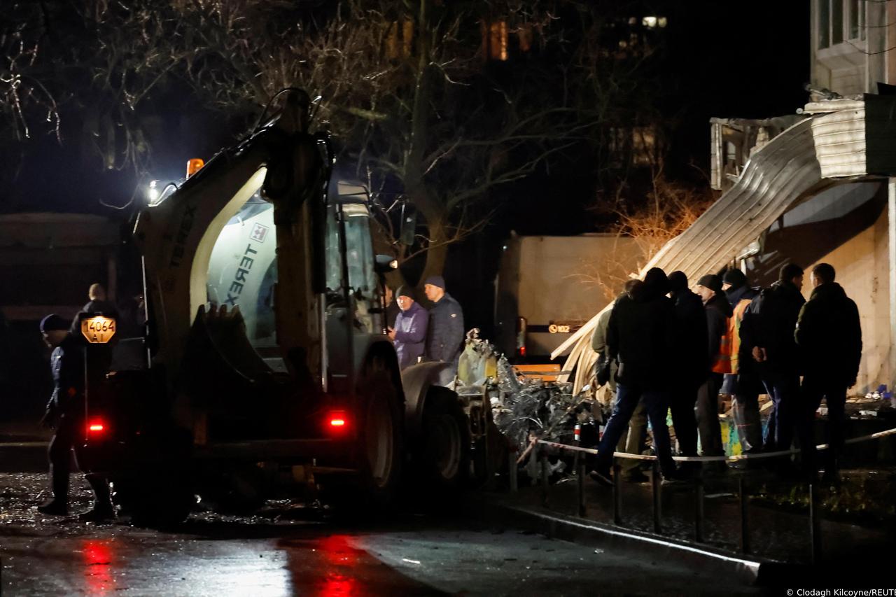 A general view of the site of a helicopter crash in Brovary