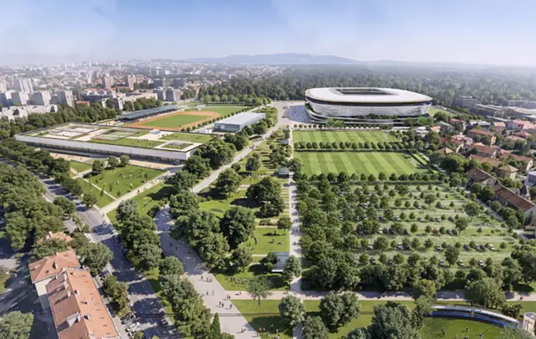 Stadion je koncipiran kao niz horizontalnih, transparentnih prstenova nad kojima lebdi široki krov, stvarajući dojam svjetleće gradske lanterne. Otvorena pročelja otkrivaju unutarnje komunikacije i javne sadržaje, dok zaobljeni volumen omogućuje pristup sa svih strana. U anketnom dijelu sportski sadržaji ugrađeni su u kontinuirani zeleni sustav, povezan glavnom krajobraznom osi koja se od Maksimirskog parka spušta prema Borongaju.