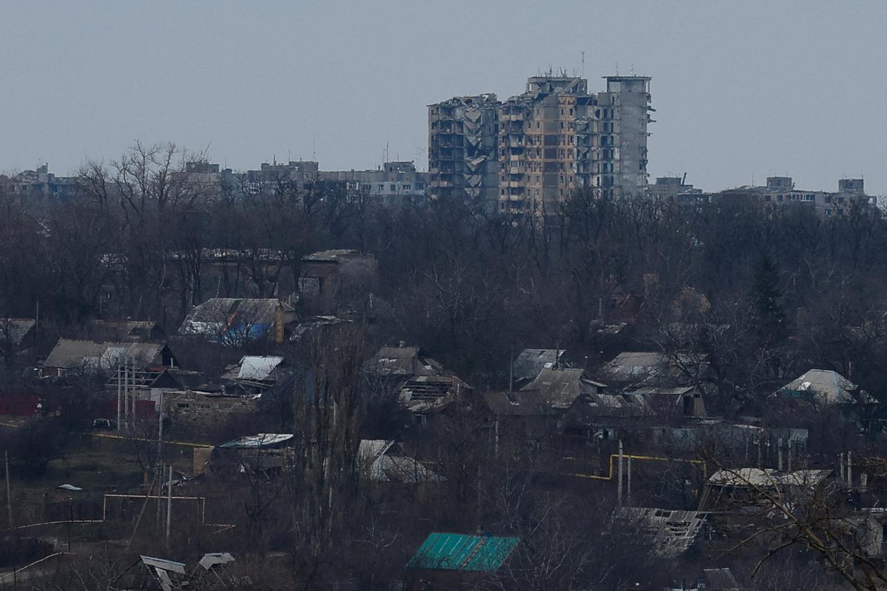 A view of destroyed residential buildings in Avdiivka