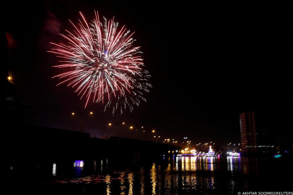Fireworks explodes in celebration of the New Year in Karachi