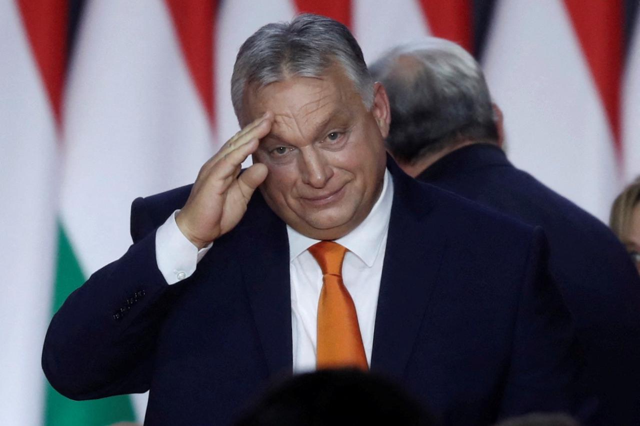 Hungarian Prime Minister Orban gestures during the Fidesz party congress in Budapest