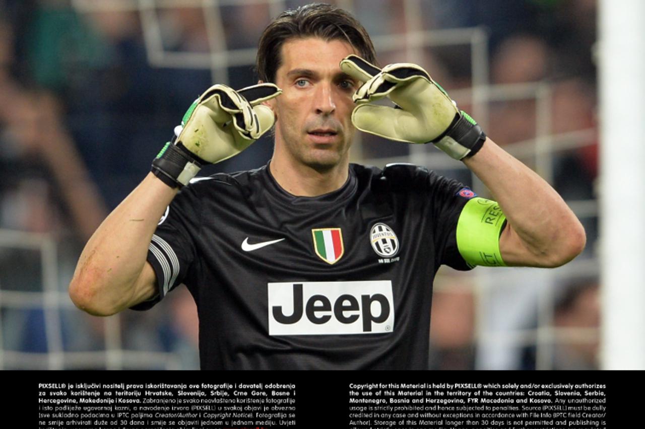 'Goalkeeper Gianluigi Buffon of Juventus reacts during the UEFA Champions League quarter final second leg soccer match between Juventus Turin and FC Bayern Munich at Juventus Stadium in Turin, Italy, 