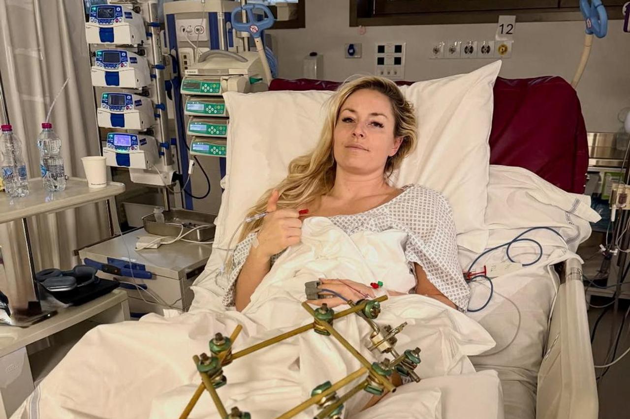 U.S. skier Lindsey Vonn lies in a hospital bed, after she crashed during the Women's Downhill, in Treviso