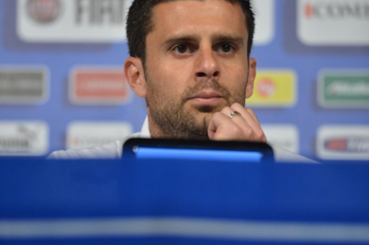 'Italy\'s national football team midfielder Thiago Motta looks on during a press conference at the Casa Azzurri in Krakow on June 7, 2012 on the eve of the Euro 2012 football championships opening. It