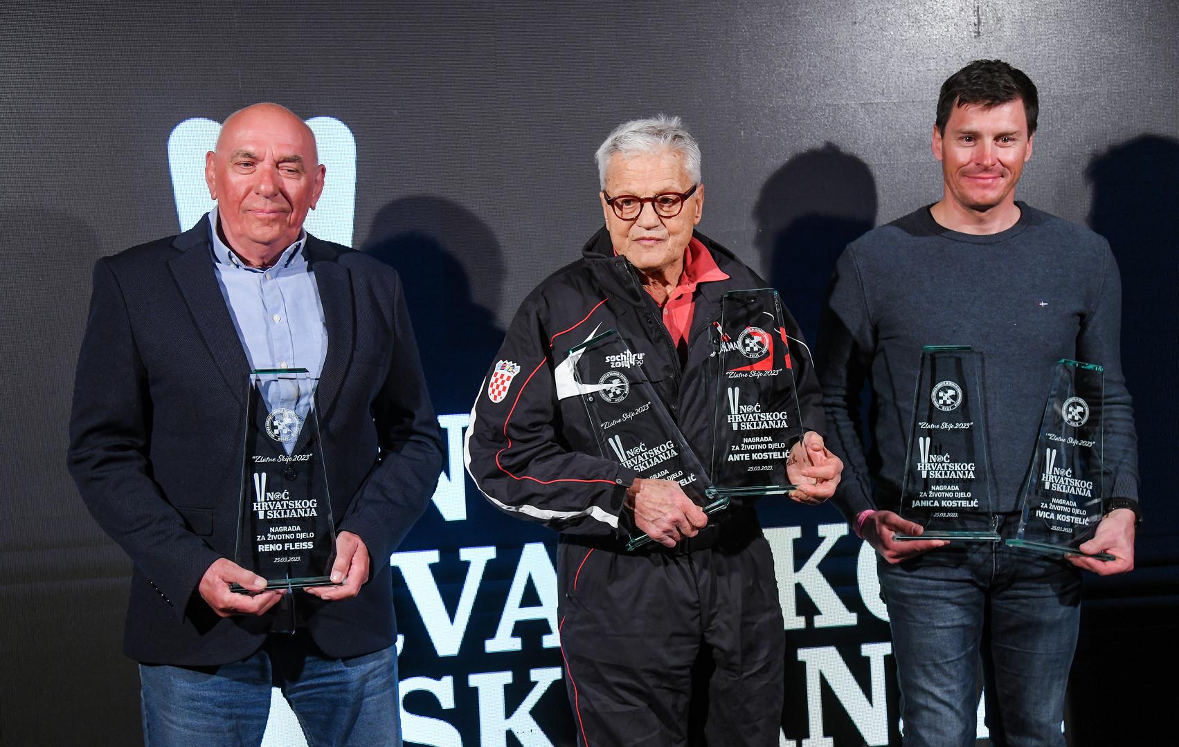 25.03.2023.., Zagreb -  Noc hrvatskog skijanja. Nagrade za zivotno djelo, Reno Fleiss, Ante Kostelic i Ivica Kostelic Photo: Josip Regovic/PIXSELL