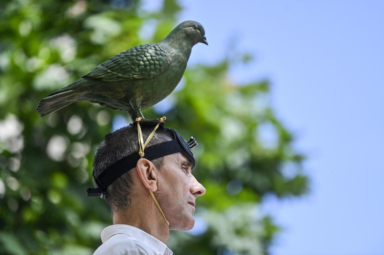 Zagreb: Noć Performansa - Siniša Labrović  - A monument to the pigeon na Cvjetnom trgu
