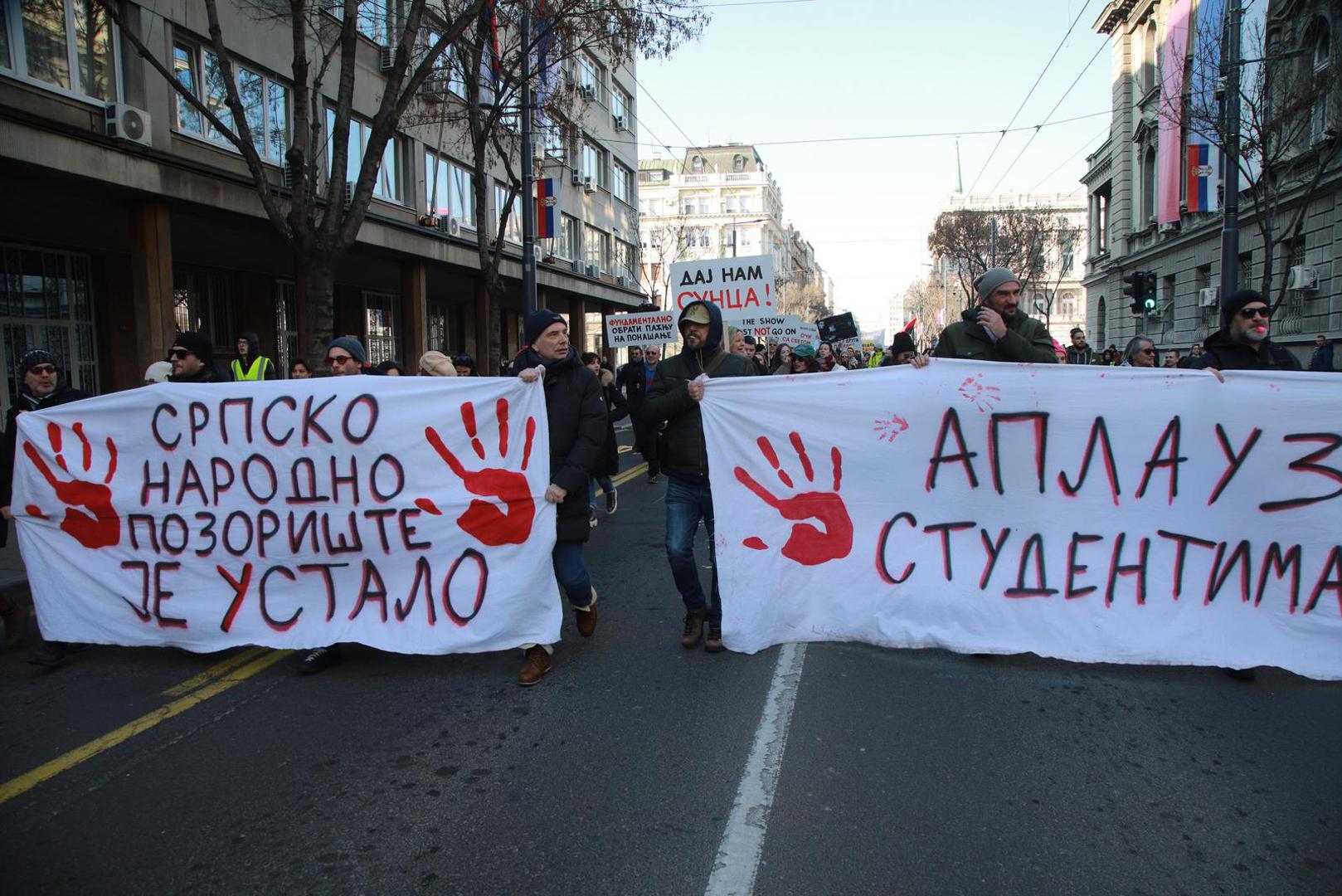 11, February, 2025, Belgrade -The acting ensembles organized a protest walk "Traveling Theater" that started in front of the Temple of Saint Sava at 12:30 p.m. where those present paid a 15-minute tribute, and then the procession moved along the street next to the theaters that joined the walk. Photo: Milos Tesic/ATAImages11, februar, 2025, Beograd - Glumacki ansambli organizovali su protestnu setnju "Putujuce pozoriste" koja je krenula ispred Hrama Svetog Save u 12.30h gde su prisutni odali 15-minutnu pocast, a potom je povorka krenula ulica pored pozorista koja su se prikljucila setnji. Photo: Milos Tesic/ATAImages Photo: Milos Tesic/ATAImages/PIXSELL