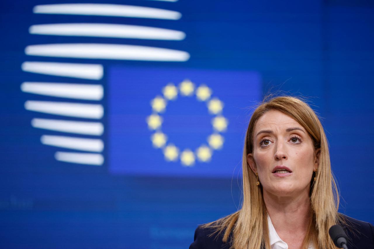 EU Parliament President Metsola holds press conference during EU summit, in Brussels