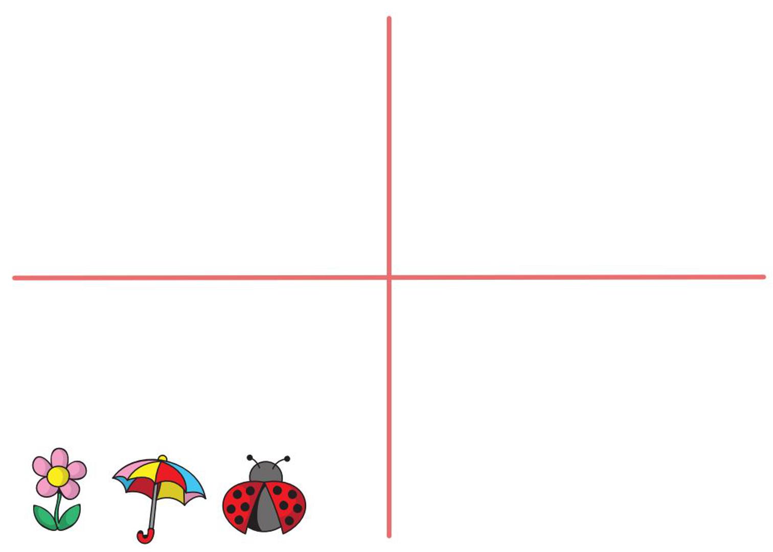 Primjer zadatka iz listića Mala priča koji se nalazi na BaDaBum platformi (badabum.hr). Dijete s ponuđenim likovima mora osmisliti priču, a zatim u četiri polja nacrtati po jedan crtež za svaki dio priče – uvod, zaplet, vrhunac i rasplet.