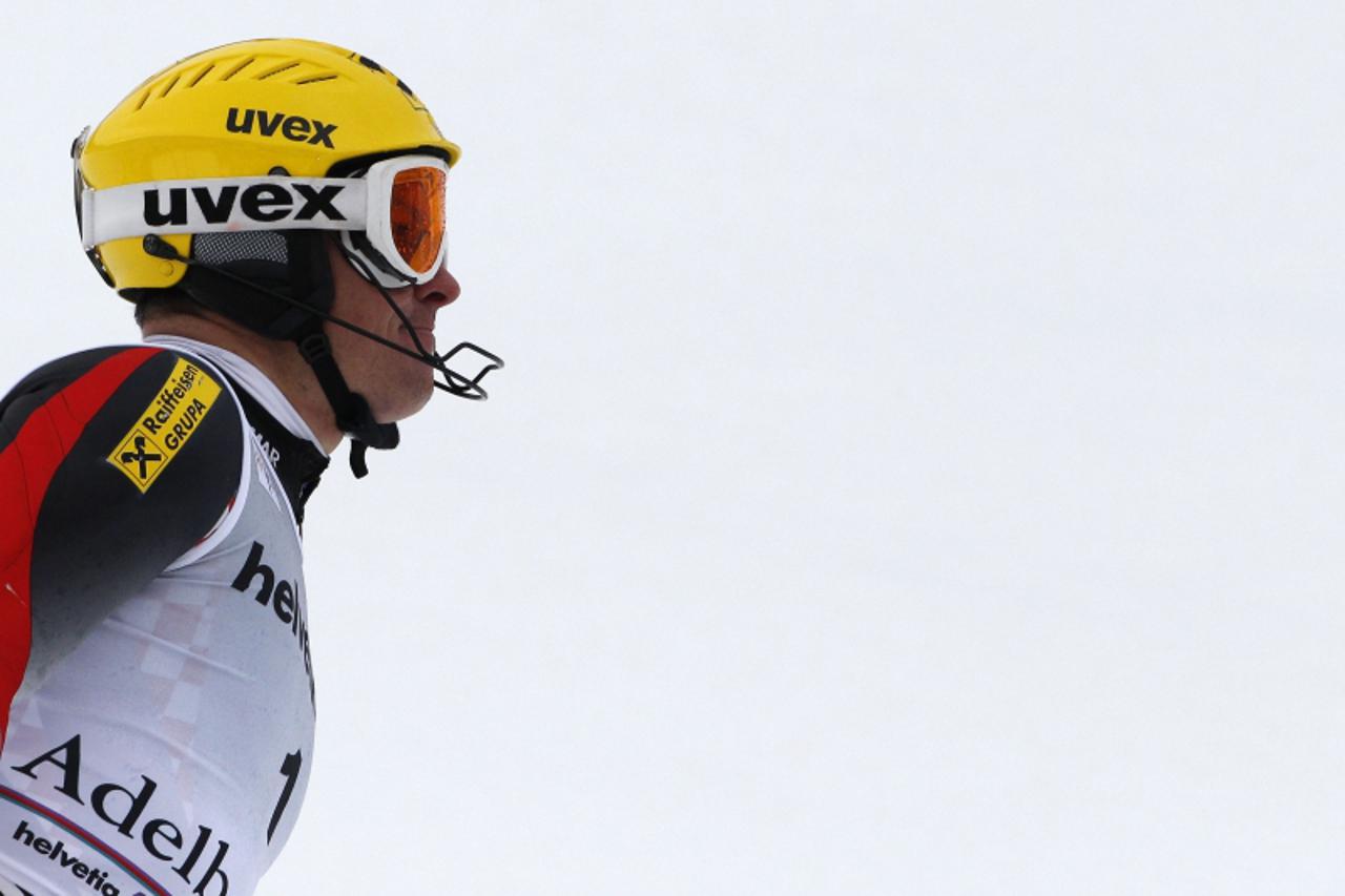 \'Ivica Kostelic of Croatia reacts after winning the men\'s alpine skiing World Cup Slalom race in Adelboden January 9, 2011.  REUTERS/Ruben Sprich  (SWITZERLAND - Tags: SPORT SKIING)\'