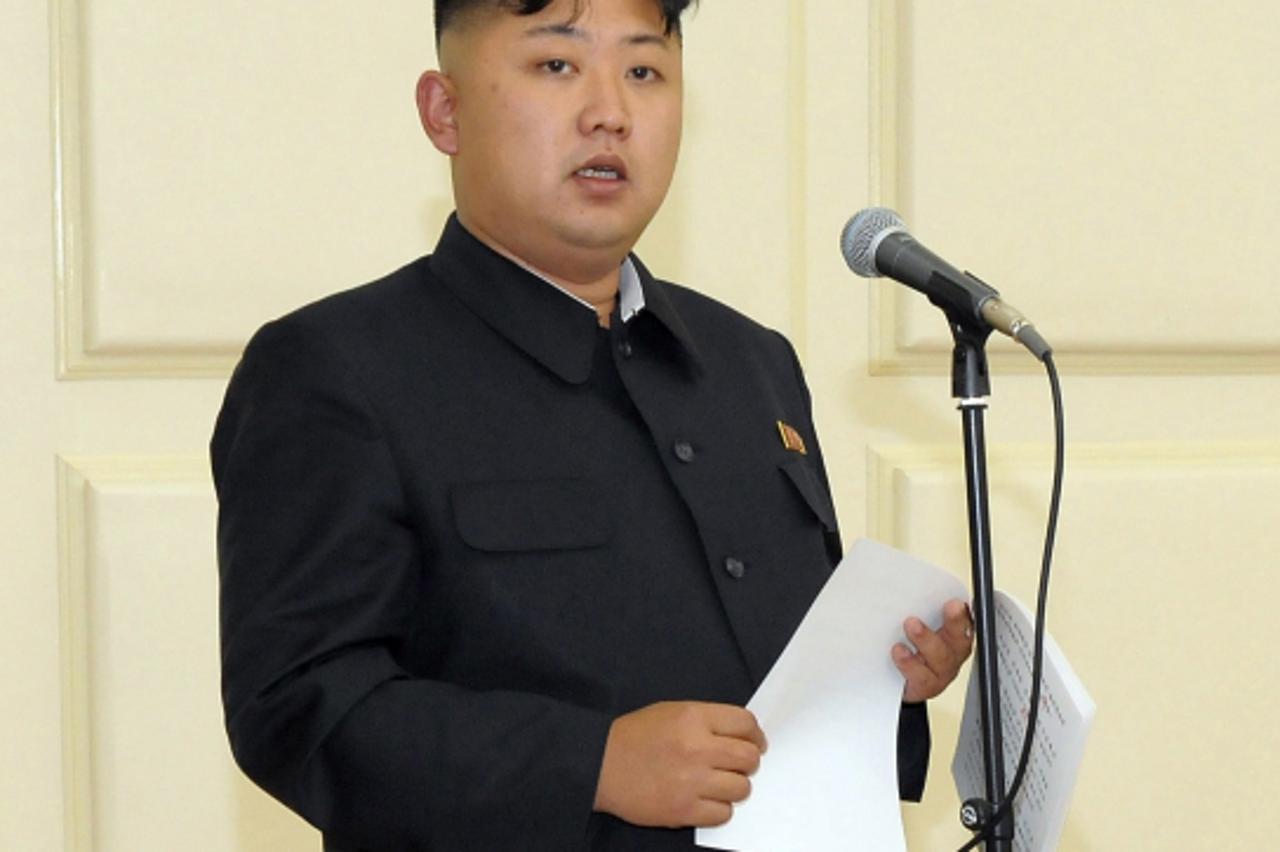 'North Korean leader Kim Jong-Un speaks at a banquet to celebrate the 52nd anniversary of the start of the late leader Kim Jong-il's leadership over the Songun (military first) in this picture releas