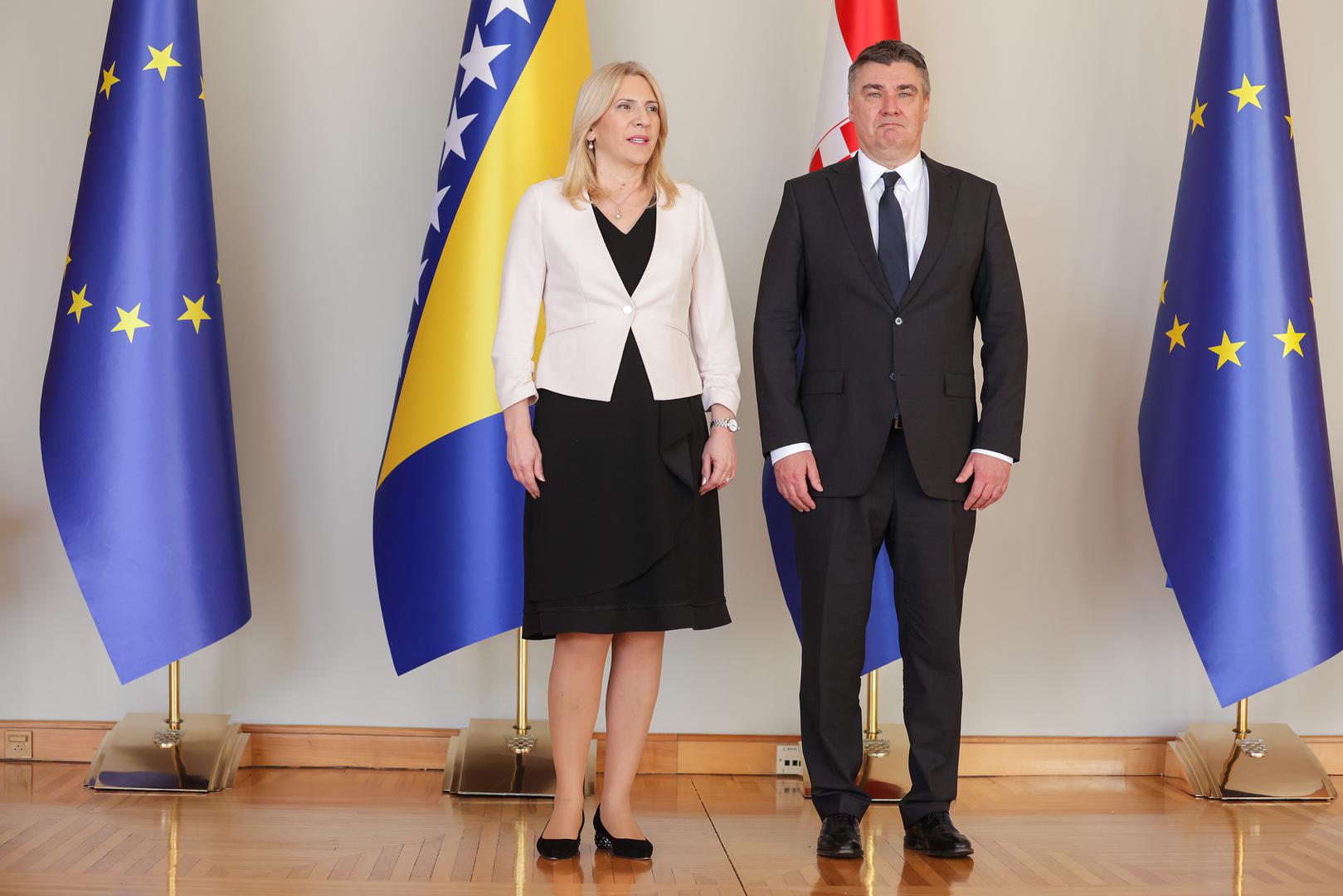 16.03.2023., Ured predsjednika Republike Hrvatske, Zagreb - Predsjednik Republike Hrvatske Zoran Milanovic docekao je predsjedateljicu Predsjednistva Bosne i Hercegovine Zeljku Cvijanovic. Photo: Luka Stanzl/PIXSELL