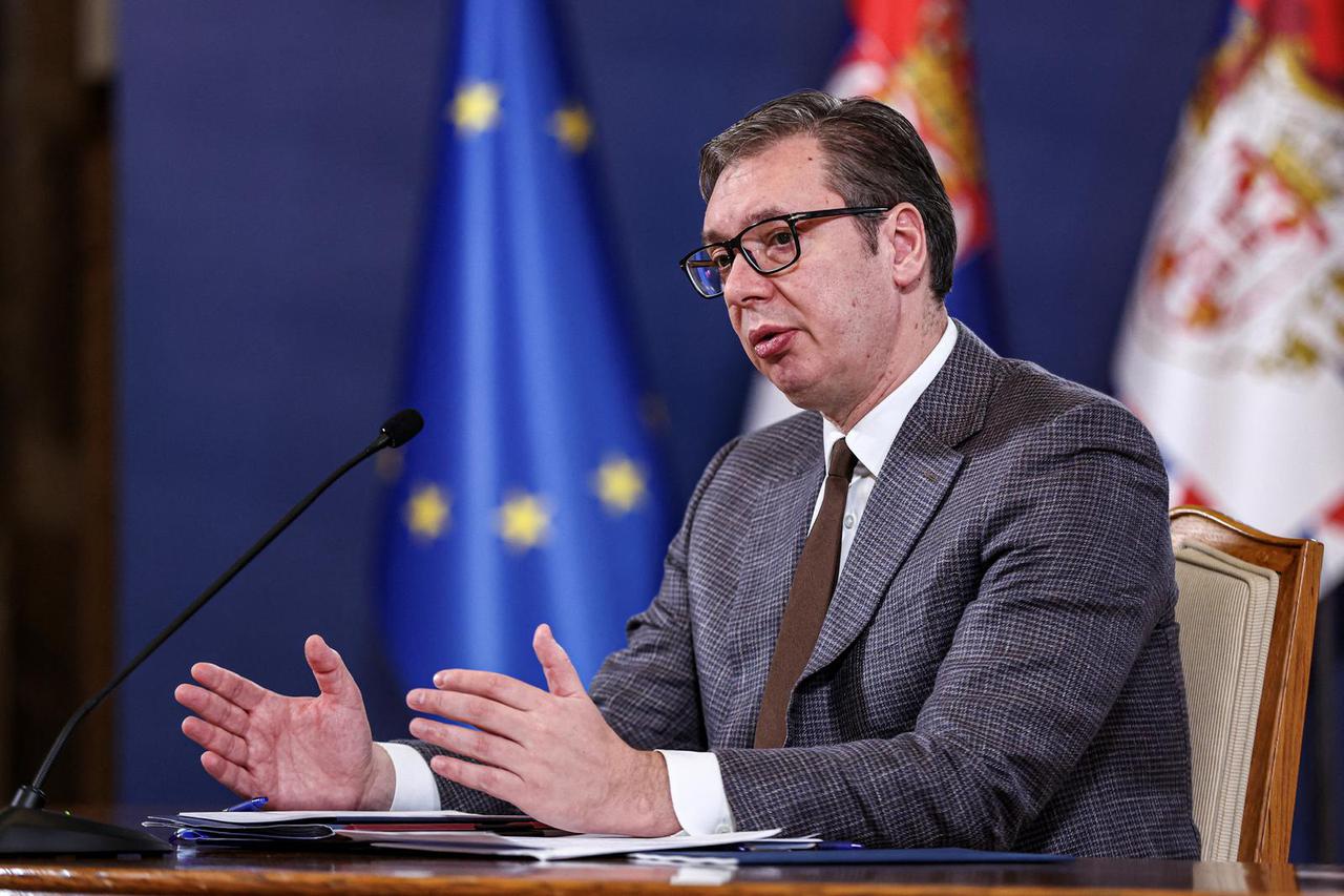 Serbian President Vucic holds a news conference in Belgrade