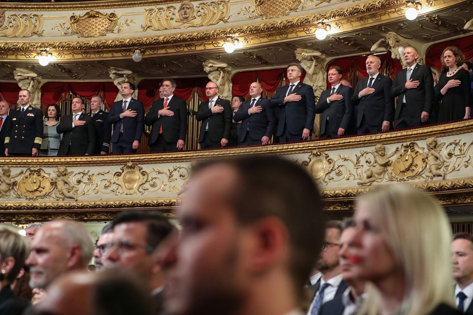30.5.2023., Zagreb,HNK - Sredisnja svecanost proslave Dana drzavnosti i 10. godisnjice hrvatskog clanstva u Europskoj uniji obiljezilo se svecanim koncertom u Hrvatskom narodnom kazalistu. Uoci pocetka koncerta premijer Plenkovic prigodno se obratio okupljenima.  Photo: Jurica Galoic/PIXSELL
