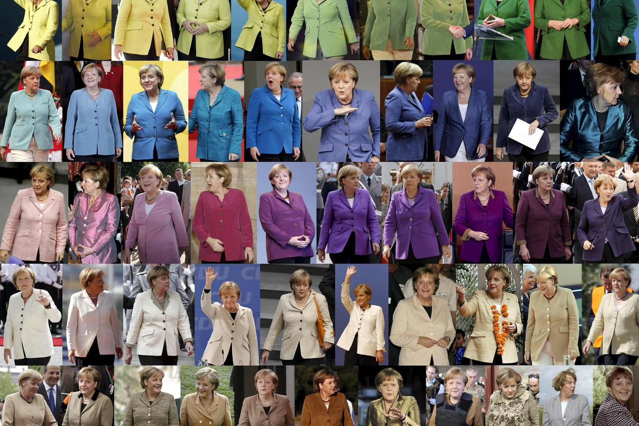 A undated combination picture shows German Chancellor Angela Merkel, wearing jackets of differing colours while attending various public events. Senior German CDU party sources say on November 20, 2016 that Merkel will run again for the Chancellorship in 