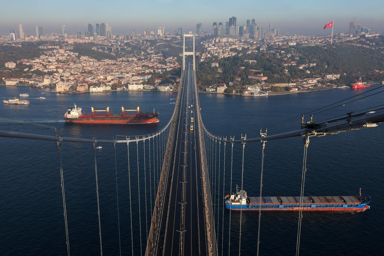 Cargo ships sail through the Black Sea in Istanbul's Bosphorus
