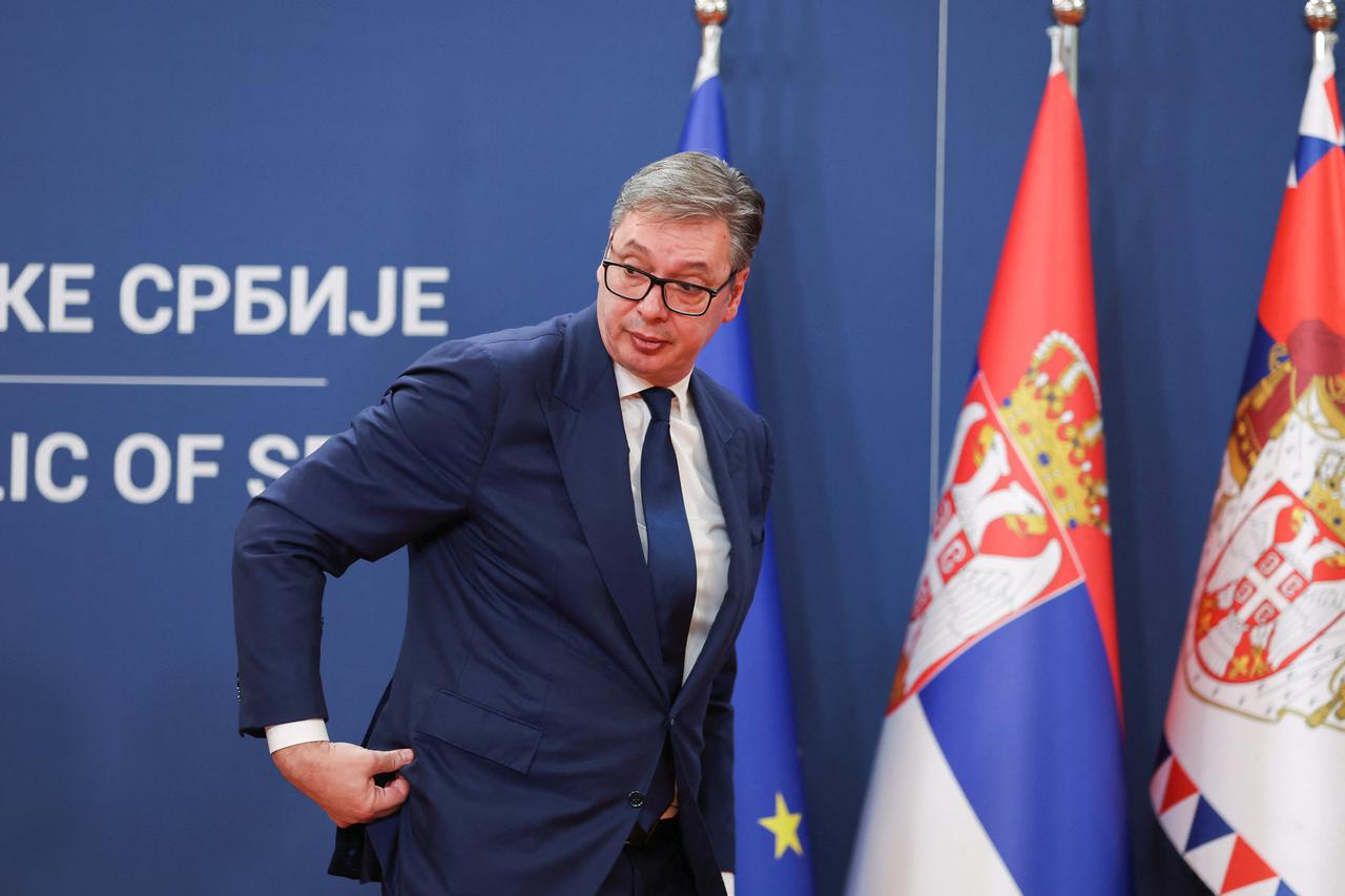 Serbia's President Vucic holds a press conference in Belgrade