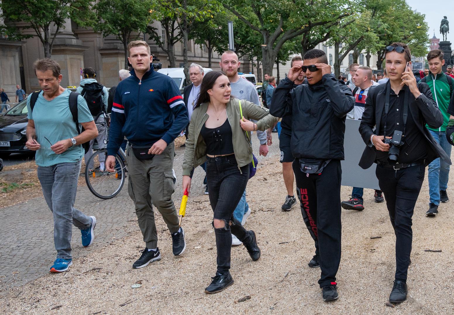 29 August 2020, Berlin: Chris Ares (2nd from left), German right-wing extremist rapper, comes to a demonstration against the Corona measures. Photo: Christophe Gateau/dpa /DPA/PIXSELL