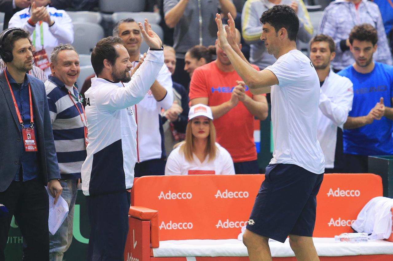 03.02.2017., Osijek - 1. kolo Svjetske skupine Davisovog kupa Hrvatska - Spanjoska; Franko Skugor - Pablo Carreno Busta. Zeljko Krajan, Franko Skugor. Photo: Davor Javorovic/PIXSELL