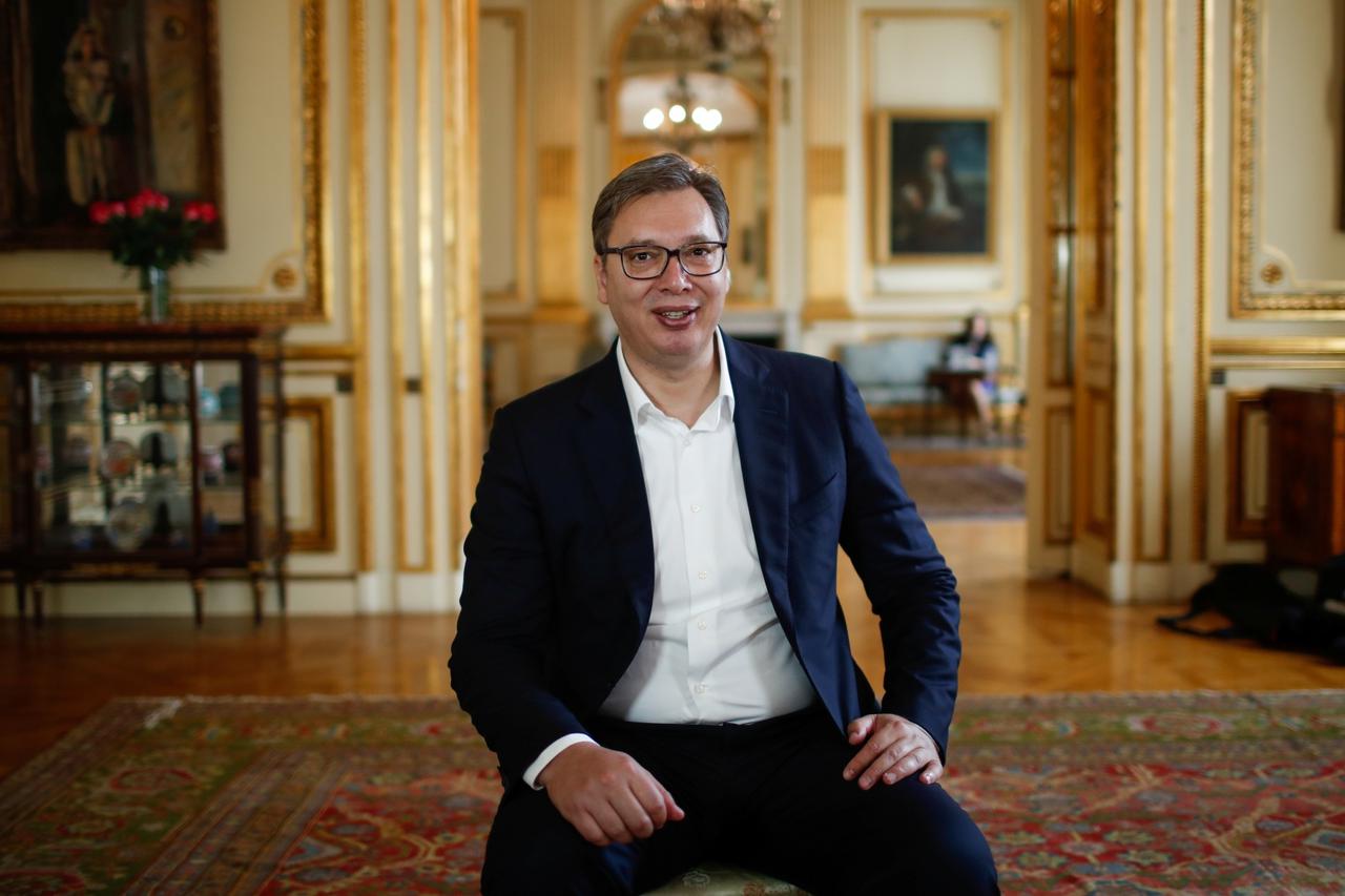 Serbian President Aleksandar Vucic during an interview with Reuters in Paris