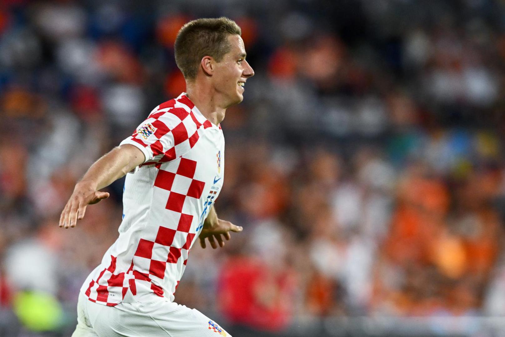 14.06.2023., stadion Feyenoord "De Kuip", Rotterdam, Nizozemska - UEFA Liga Nacija, polufinale, Nizozemska - Hrvatska. Mario Pasalic slavi pogodak za 2:1. Photo: Marko Lukunic/PIXSELL