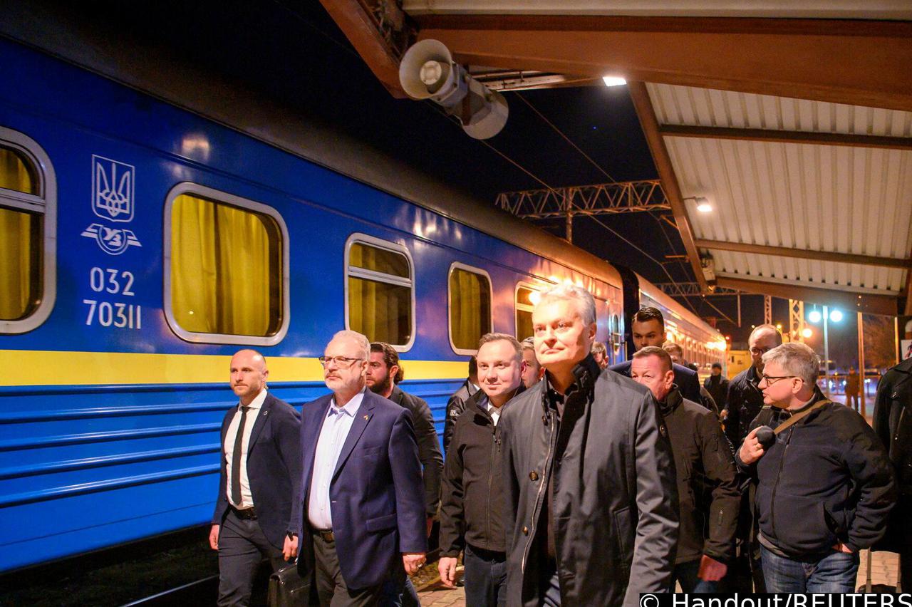 Presidents of Latvia, Poland, and Lithuania board a train to Ukraine, in Rzeszow