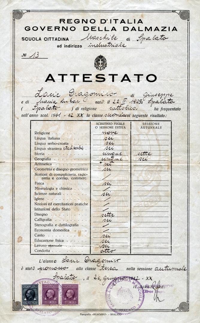 Svjedodžba na talijanskom jeziku iz splitske škole, 1942.