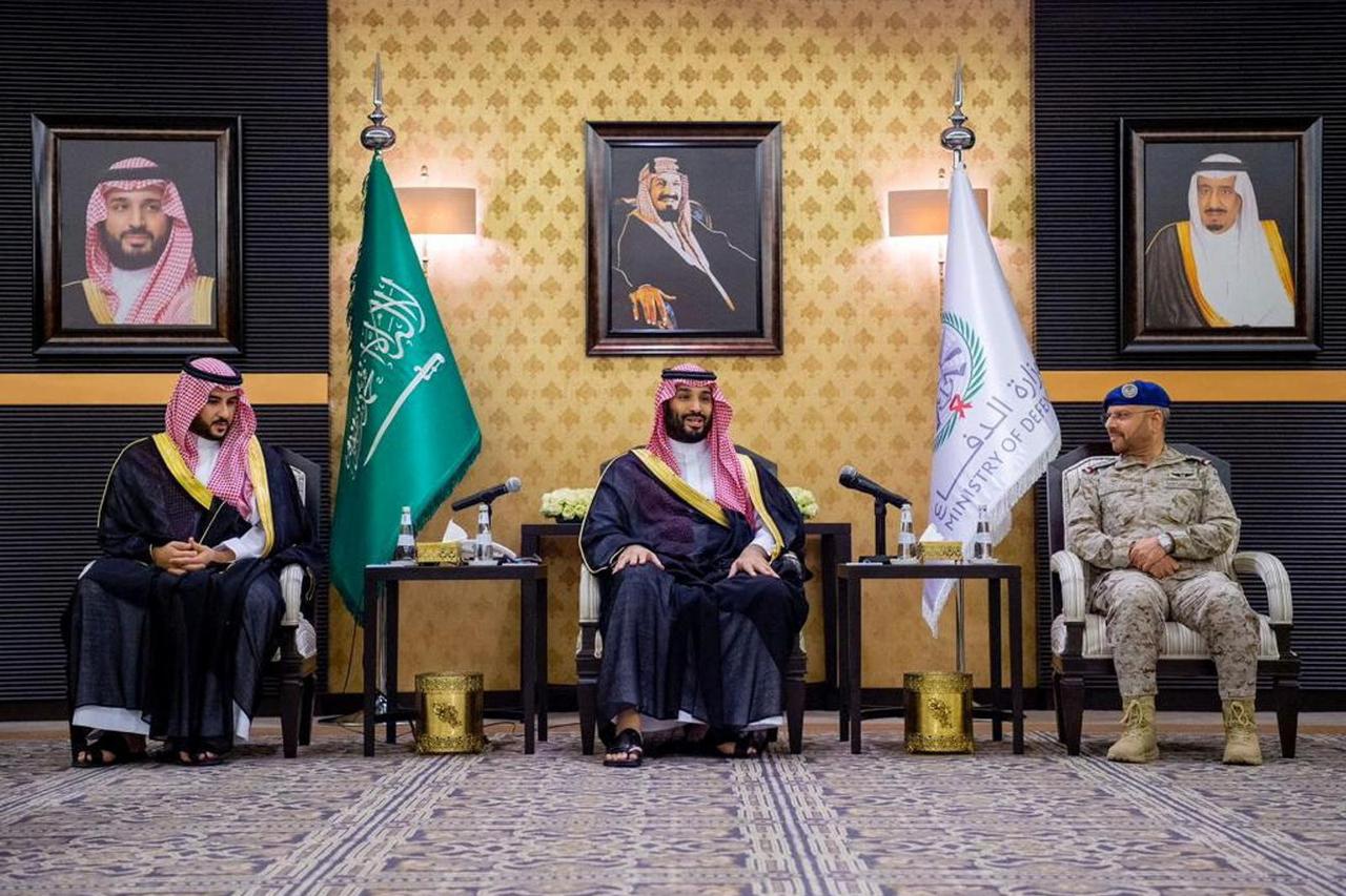 Saudi Arabia's newly designated Prime Minister, Mohammed bin Salman speaks during his meeting with newly appointed Defence Minister, Prince Khalid bin Salman Al-Saud and defence officials in the Ministry of Defence in Jeddah, Saudi Arabia