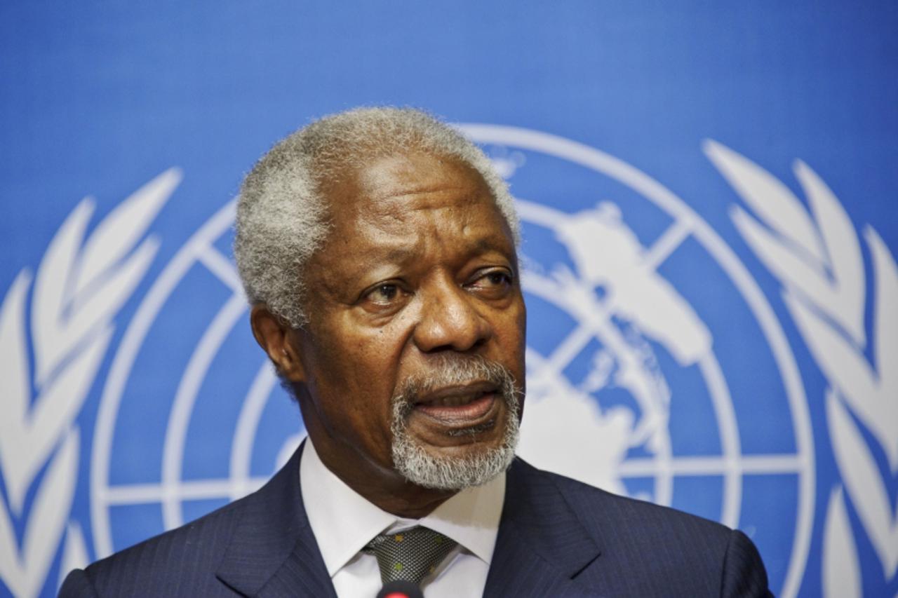 'Arab League Special Envoy for Syria, Kofi Annan, speaks to the media during a press conference on June 22, 2012, at the United Nations Office in Geneva. AFP PHOTO / SEBASTIEN BOZON'