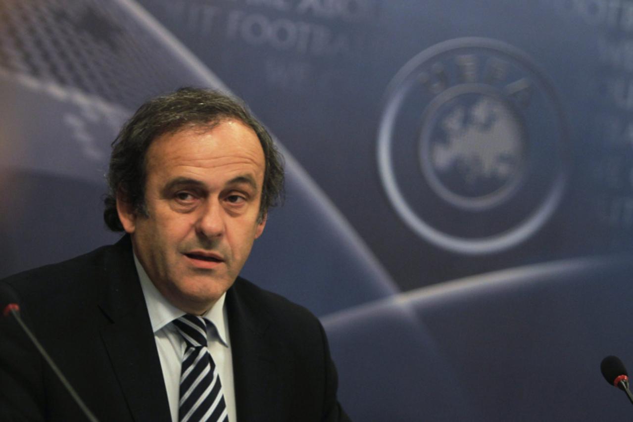'UEFA President Michel Platini looks on at the beginning of the UEFA Executive Committee meeting in Prague December 9, 2010. The main items on the Prague agenda include an update on the EURO 2012 socc