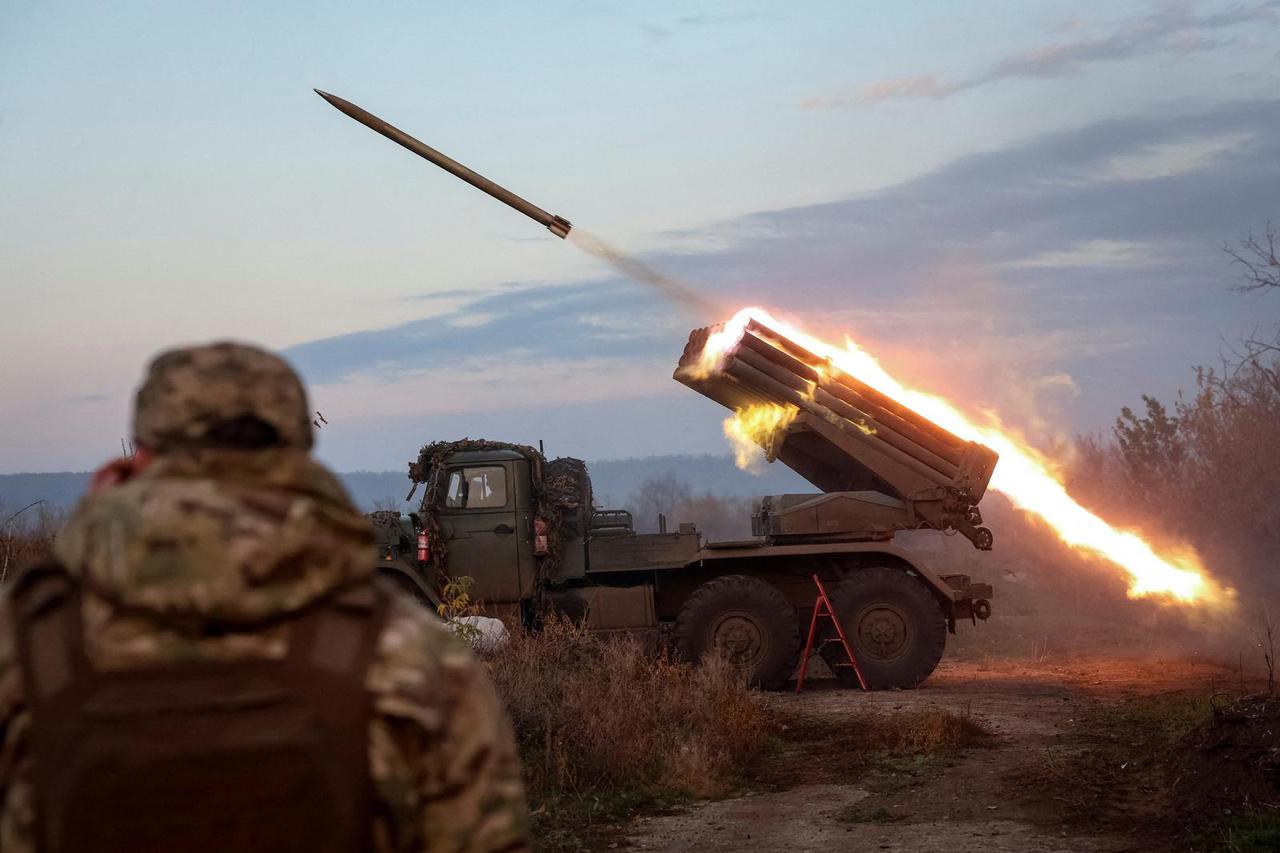 Ukrainian servicemen fire a Grad MLRS towards Russian troops near the frontline town of Kostiantynivka