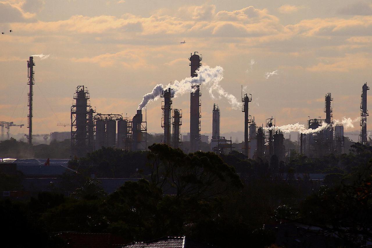 FILE PHOTO: Birds and a plane are seen flying above emission from the chimneys of a chemical plant located near Port Botany in Sydney