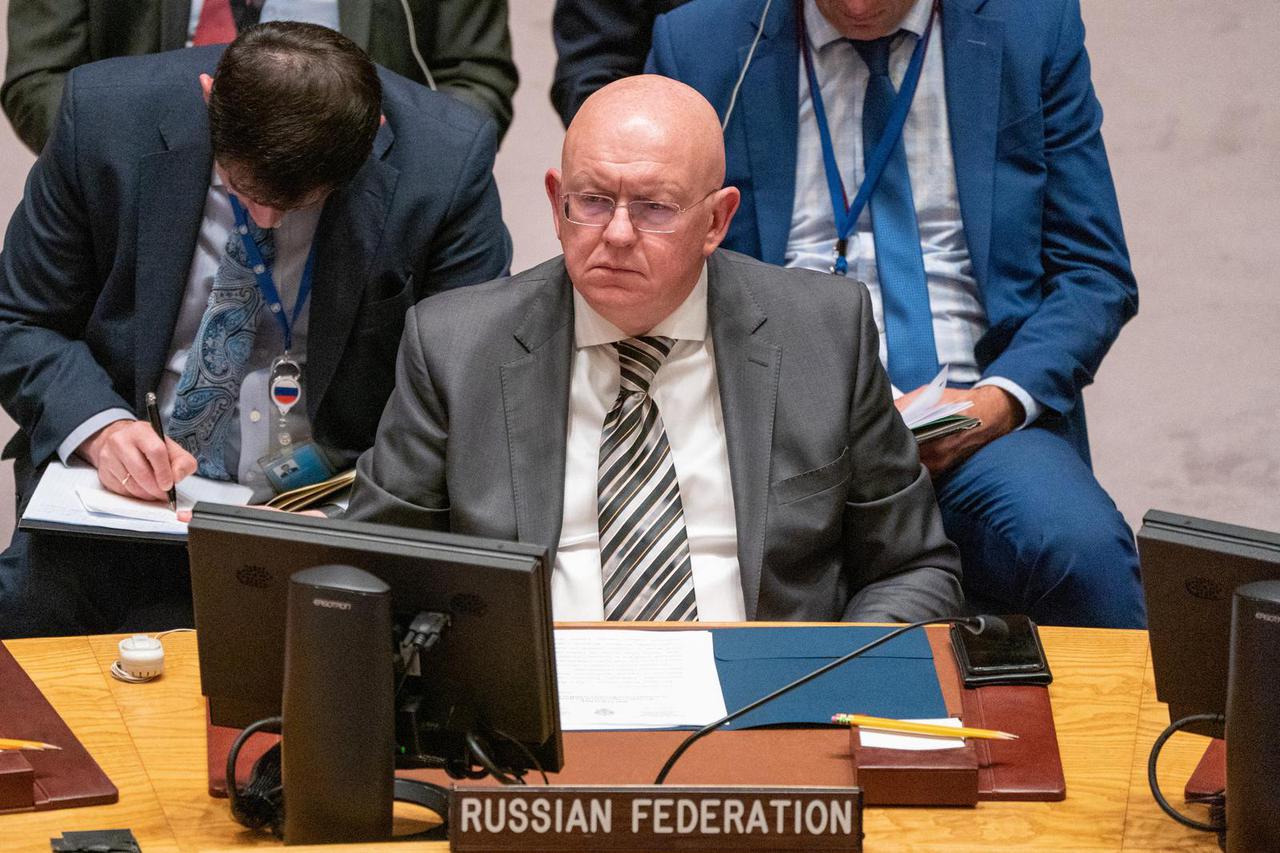Russian Ambassador to the U.N. Vassily Nebenzia attends the UN Security Council's emergency meeting, amid Russia's invasion of Ukraine, at the United Nations Headquarters