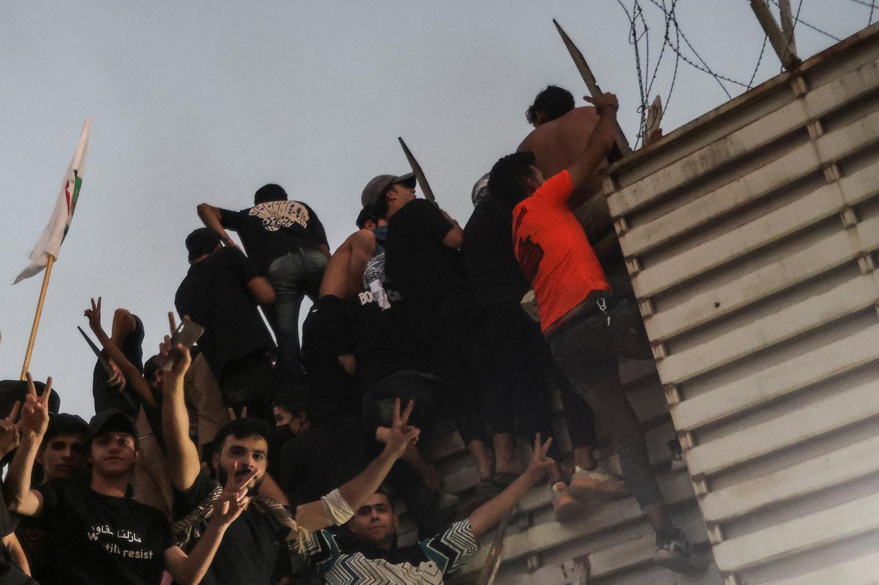 Protesters gather near the Swedish embassy in Baghdad
