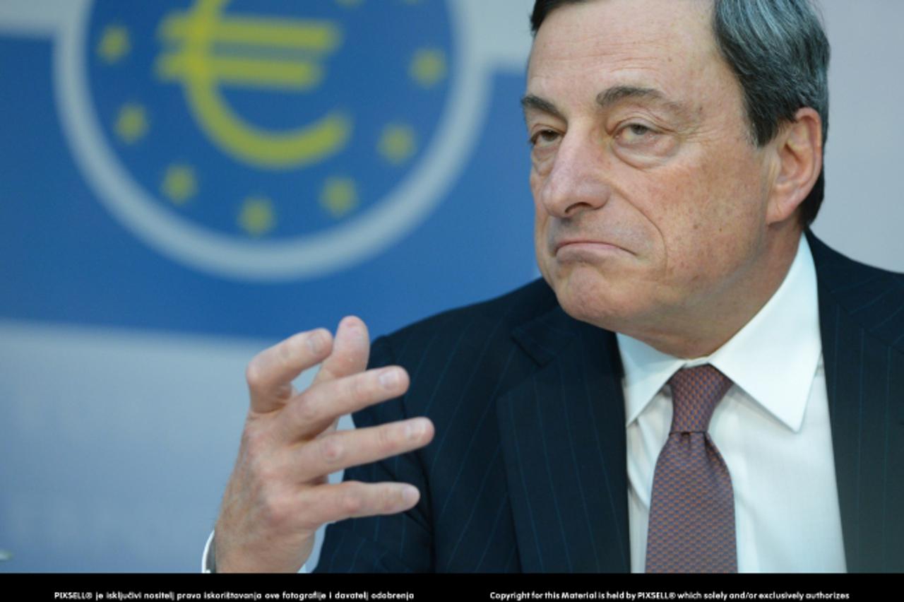 'President of the European Central Bank (ECB) Mario Draghi talks to journalists during the ECB press conference in Frankfurt Main, Germany, 04 April 2013. Interest rates continue to remain unchanged a
