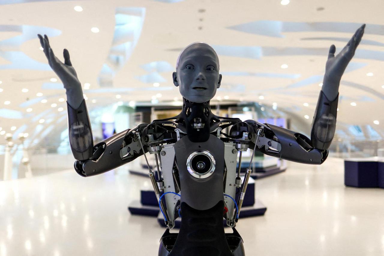 Ameca, a humanoid robot and member of the Museum of the Future staff greets guests in Dubai
