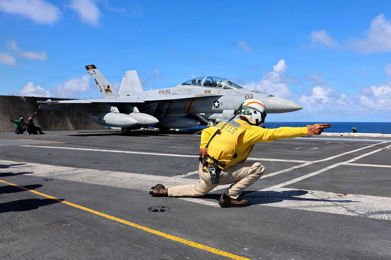 U.S. Navy F/A-18F Super Hornet aircraft is launched from the aircraft carrier USS Gerald R. Ford while operating in the Caribbean Sea
