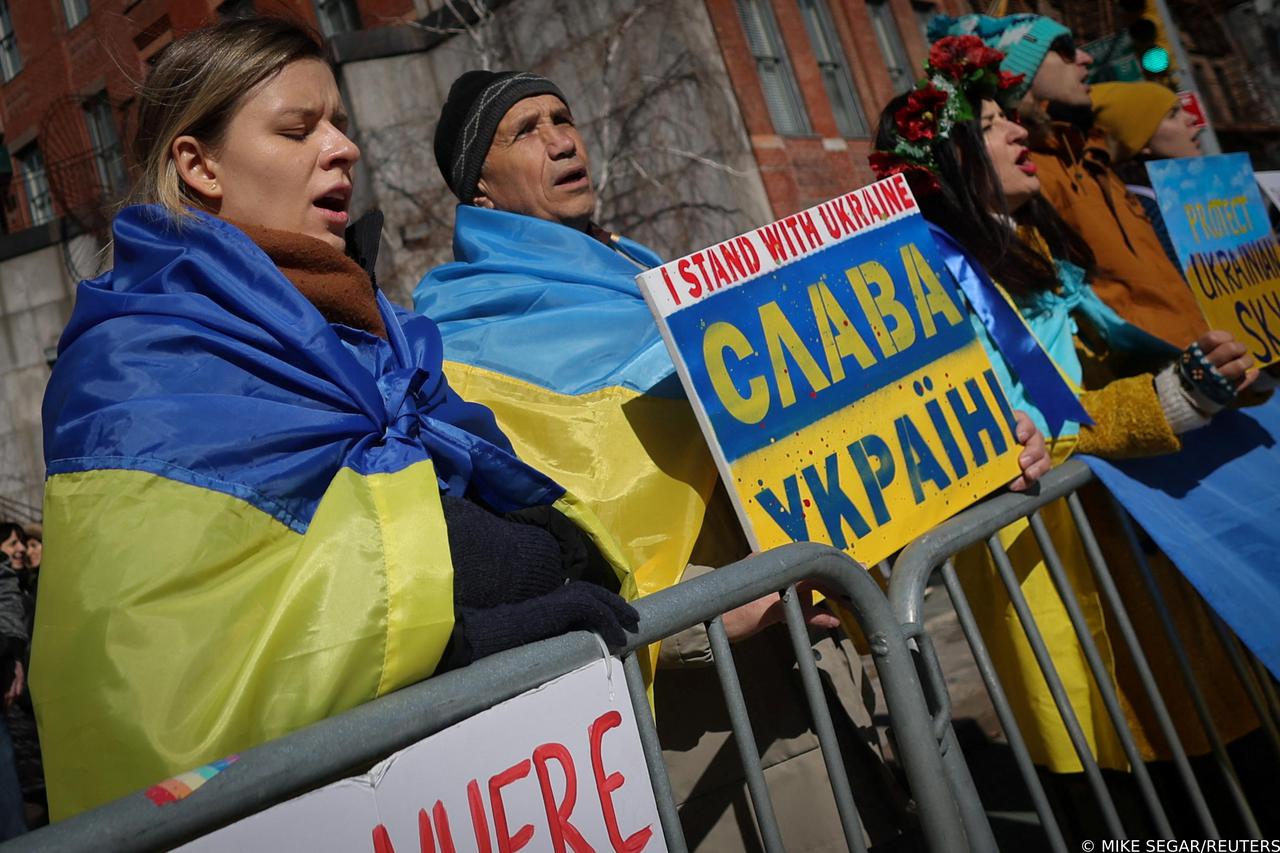 Protest during U.N. General Assembly emergency session on Russia's invasion of Ukraine, outside United Nations headquarters