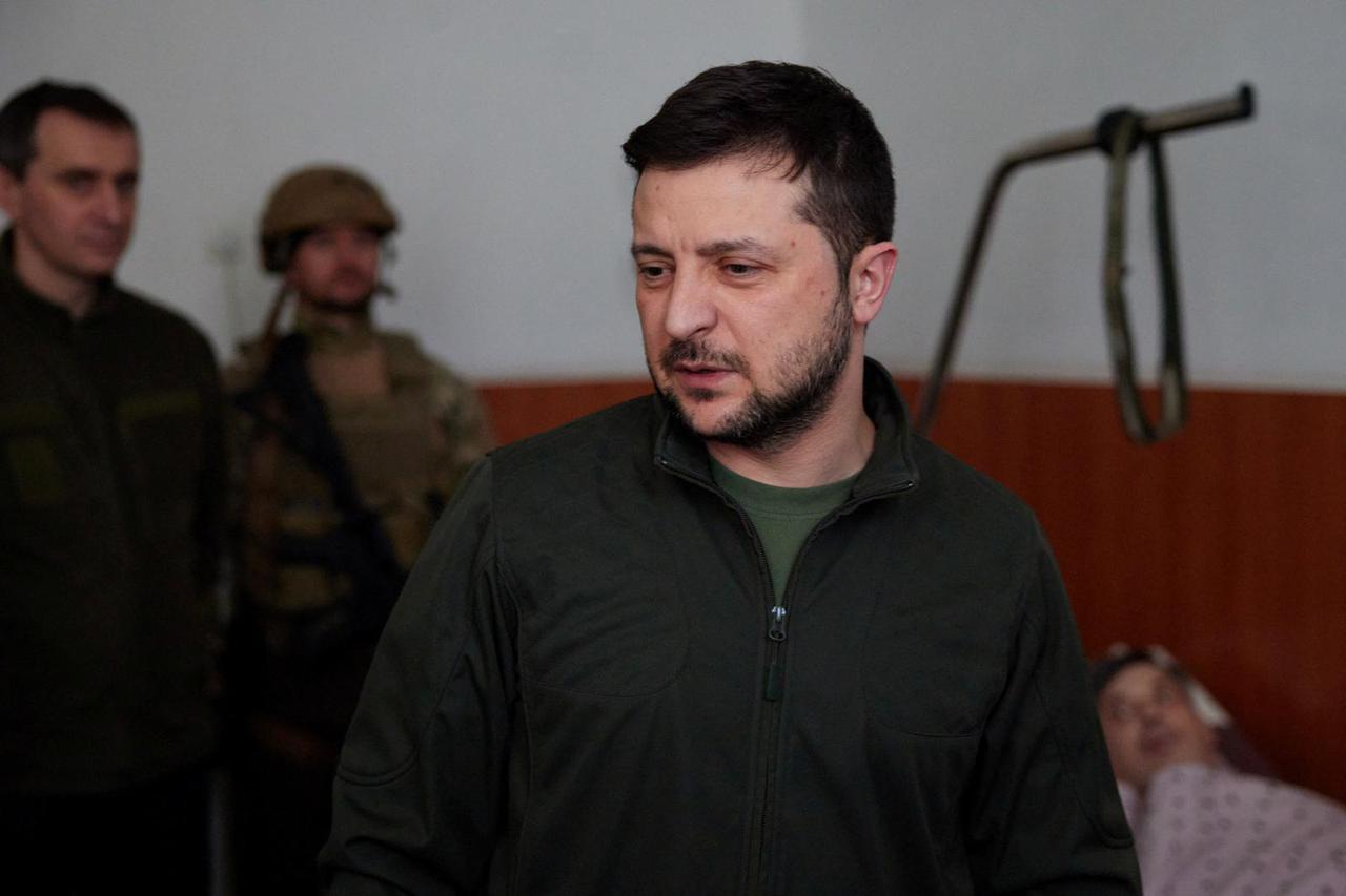 Ukraine's President Zelenskiy meets injured people at a hospital in Kyiv