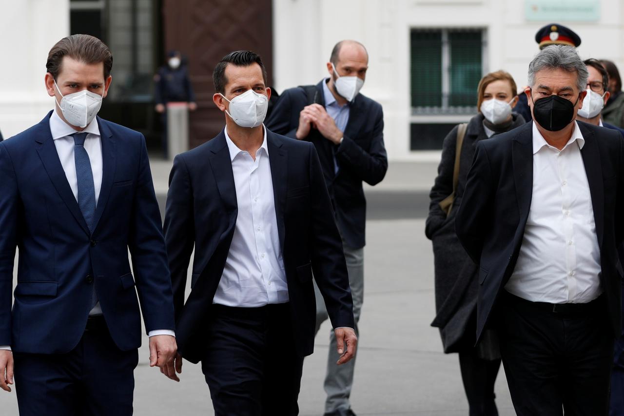 Austria's designated Health Minister Mueckstein and Chancellor Kurz leave the Chancellery in Vienna