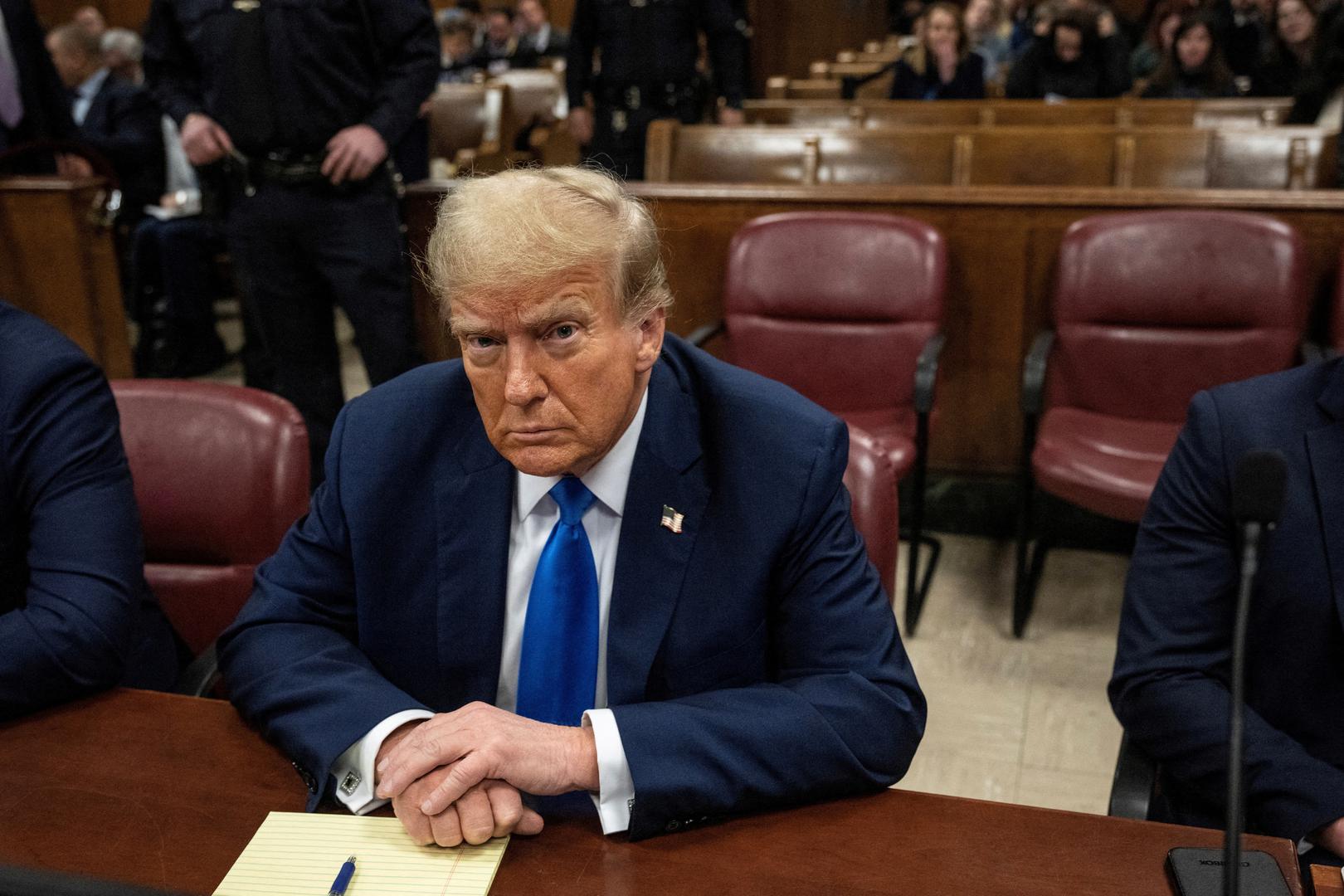 Former U.S. president and Republican presidential candidate Donald Trump sits in court on the first day of opening statements in his trial at Manhattan Criminal Court for falsifying documents related to hush money payments, in New York, U.S.,  April 22, 2024. Victor J. Blue/Pool via REUTERS Photo: Victor J. Blue/REUTERS
