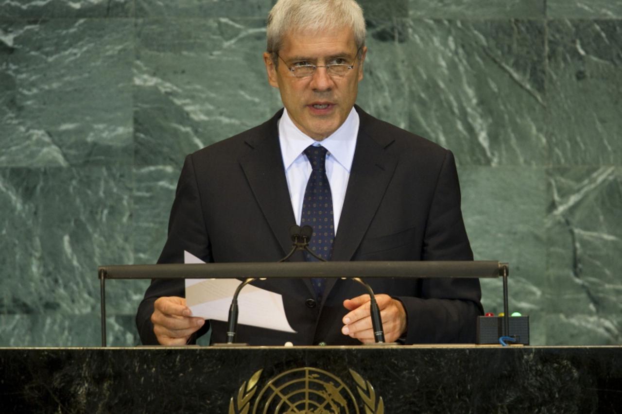 'President of the Republic of Serbia Boris Tadic delivers his address  September 25, 2010 during the 65th session of the General Assembly at the United Nations in New York. AFP PHOTO/DON EMMERT'