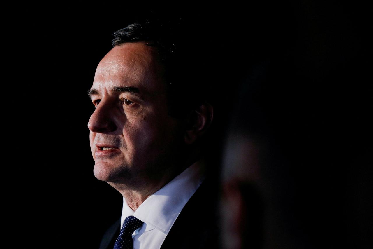 Kosovo's Prime Minister Albin Kurti speaks to the media, in Ohrid