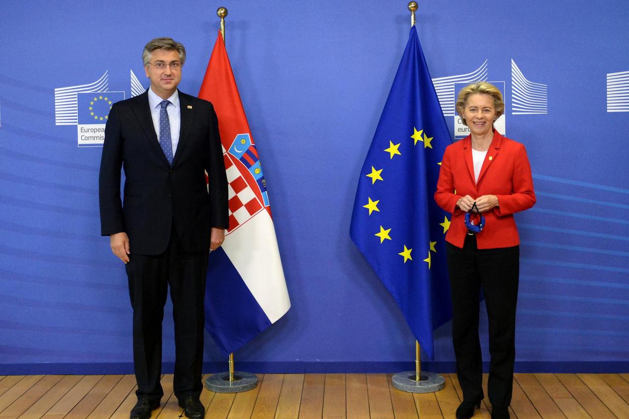 Croatian Prime Minister Andrej Plenkovic meets with European Commission President Ursula von der Leyen ahead of the second face-to-face EU summit since the coronavirus disease (COVID-19) outbreak, in Brussels