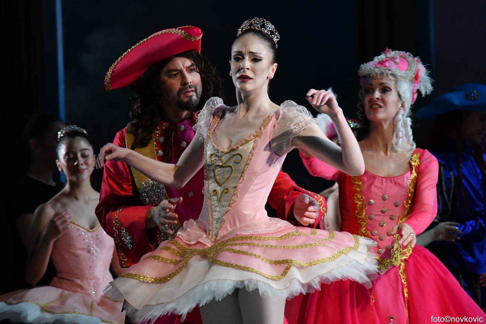 U predstavi nastupa cijeli ansambl zagrebačkoga Baleta, uključujući sve prvake i soliste te donosi zahtjevnu i stilistički precizno oblikovanu interpretaciju partiture. Na premijernoj izvedbi Princezu Auroru tumači Natalia Kosovac, dok u ulozi Princa Florimunda nastupa Guilherme Gameiro Alves. Ulogu Vile Jorgovana preuzima Miruna Miciu, a Vilu Carabosse utjelovljuje Lucija Radić Pálinkó