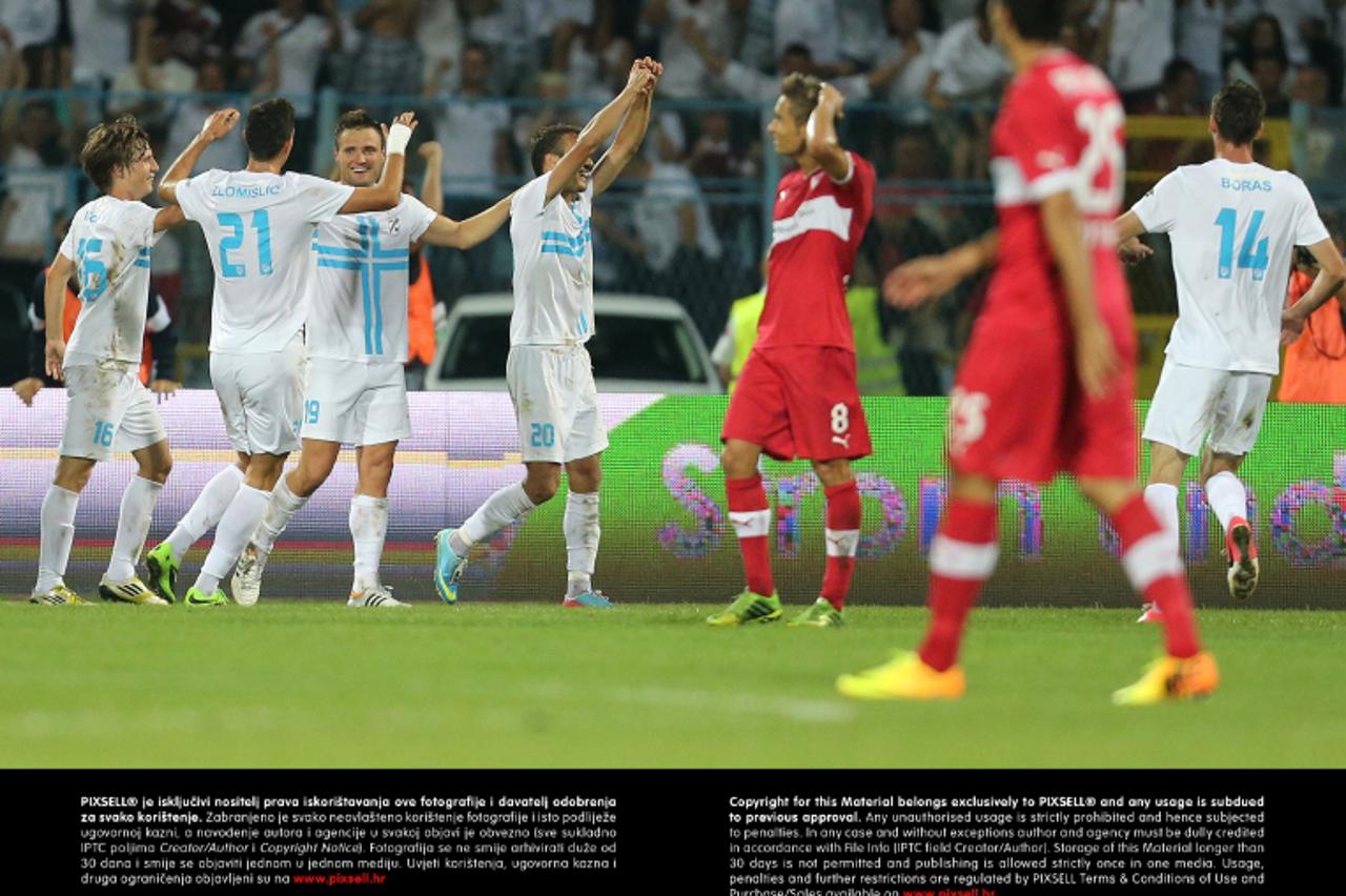 '22.08.2013., Stadion Kantrida, Rijeka - Prva utakmica 4. pretkola Europske lige, HNK Rijeka - VfB Stuttgart. Slavlje Rijeke nakon pogotka Zorana Kvrzica za 2-0.  Photo: Igor Kralj/PIXSELL'