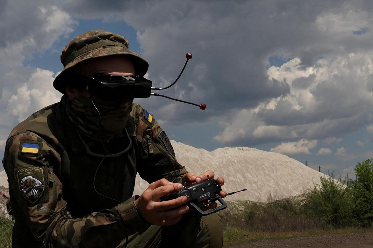 Ukrainian marine attends a FPV-drone flying training in Dnipropetrovsk region