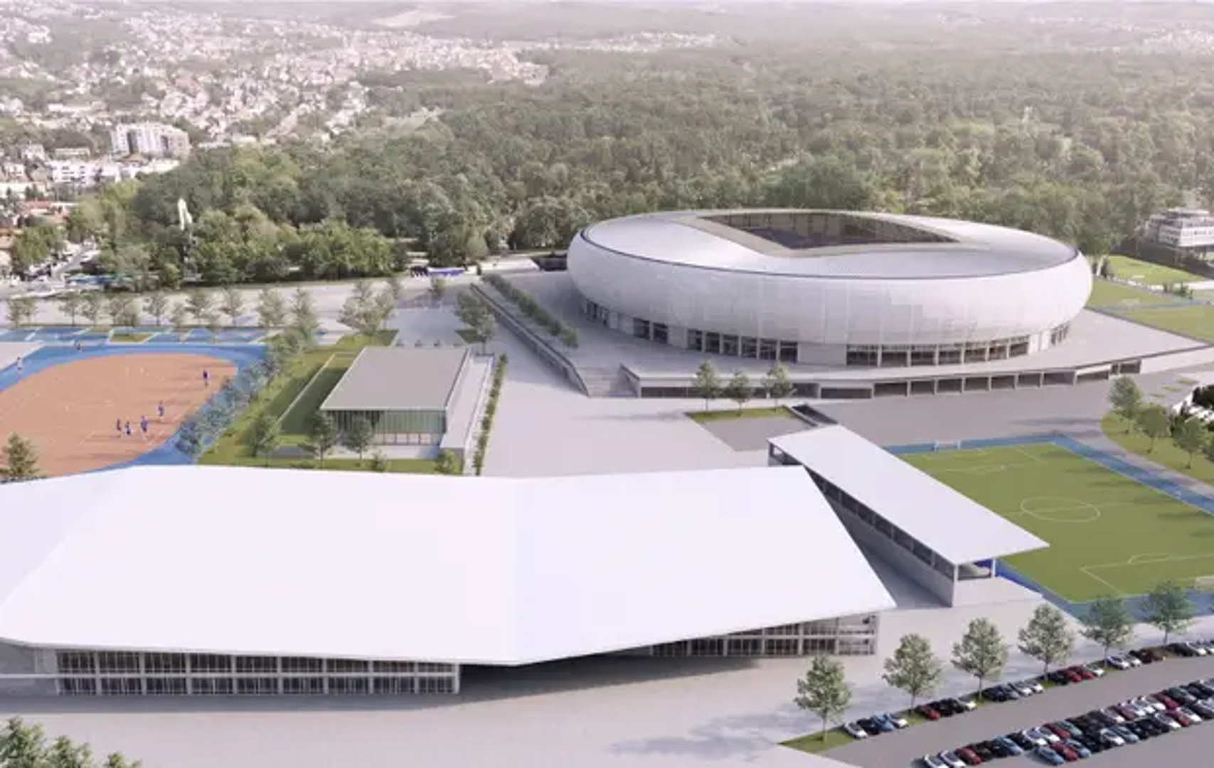 Ovalni stadion postavljen je na povišeni plato u razini Maksimirske ulice, dok se prema jugu spušta u sustav trgova, stuba i javnih sadržaja smještenih u njegovu podnožju. Transparentna, konveksna ovojnica od PTFE tekstila prati čelična rebra i obavija valovito oblikovan tribinski prsten, stvarajući lagan paviljonski volumen. U anketnom dijelu sportske dvorane, atletika i rekreacijski sadržaji raspoređeni su uz središnju pješačko-biciklističku os, a Borongaj se oblikuje kao intermodalni terminal povezan s glavnim trgom kompleksa.