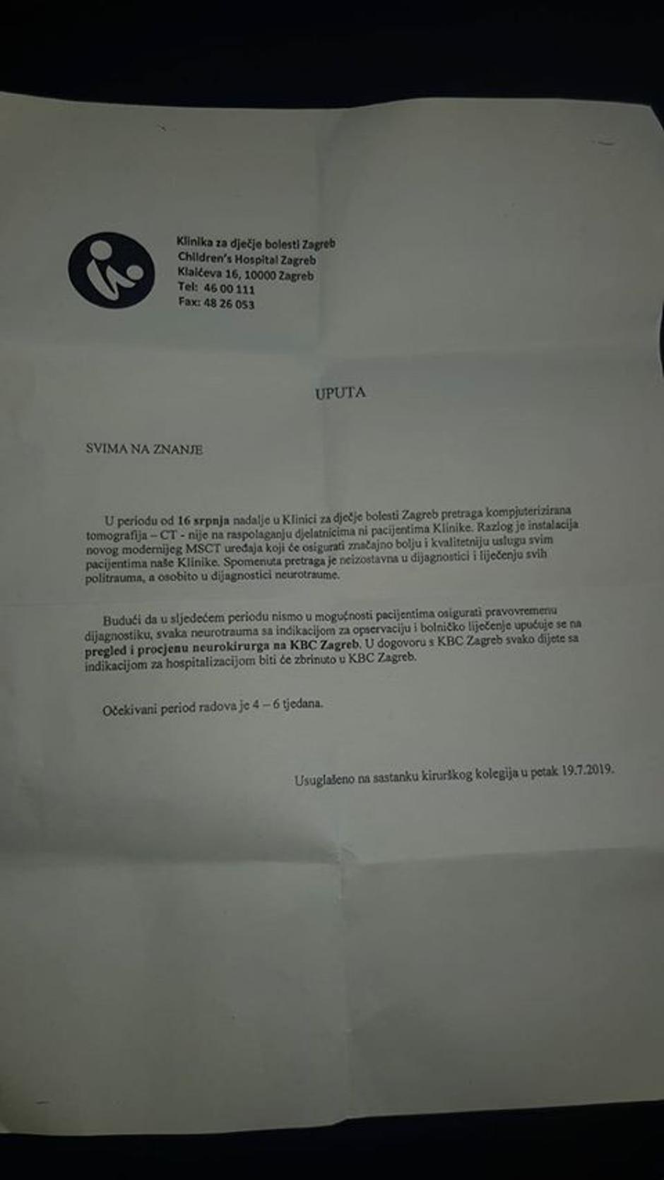 Uputa o slanju pacijenata iz Klaićeve na KBC Zagreb
